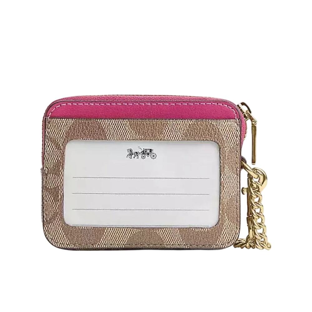 COACH L-ZIP CARD COIN CASE IN SIGNATURE CANVAS KHAKI & BOLD PINK WALLET NEW! - Picture 3 of 5